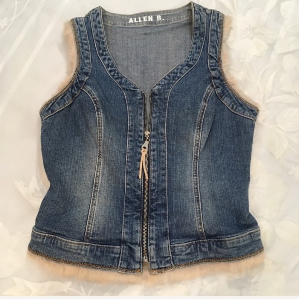 Allen B. Blue Jean Denim Vest With Fur Accents - Picture 1 of 4